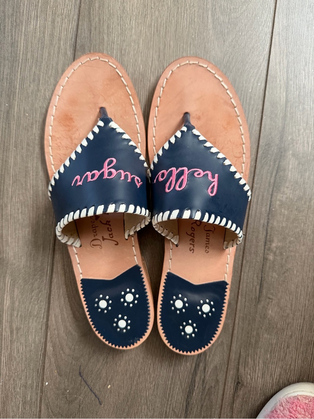 Jack Rogers Navy Leather Thong Sandals with Pink Script